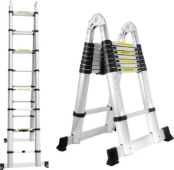 Wolketon 5M(2.5+2.5M) Alu Teleskop Klappleiter, Groosse Anwendbarkeit Multifunktionsleiter, Klappbar Leiter, 150 Kg Belastbarkeit Leiter Fuer Garten Innen