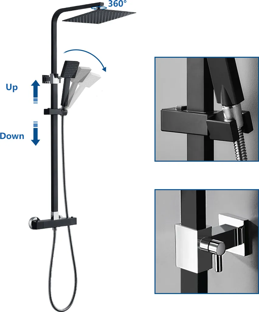 Auralum Duschsystem Mit Thermostat, Duschset Mit 10 Zoll Quadratischer Regendusche, Handbrause, Verstellbarer Duschstange, Schwarz 5 Auralum Duschsystem Mit Thermostat, Duschset Mit 10 Zoll Quadratischer Regendusche, Handbrause, Verstellbarer Duschstange, Schwarz – Bild 3