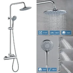 Chorm Brausegarnitur, Duschsystem Mit Thermostat Mischer, Duschset, Duscharmatur Thermostat Mit Regendusche Und Handbrause (3 Strahlarten)