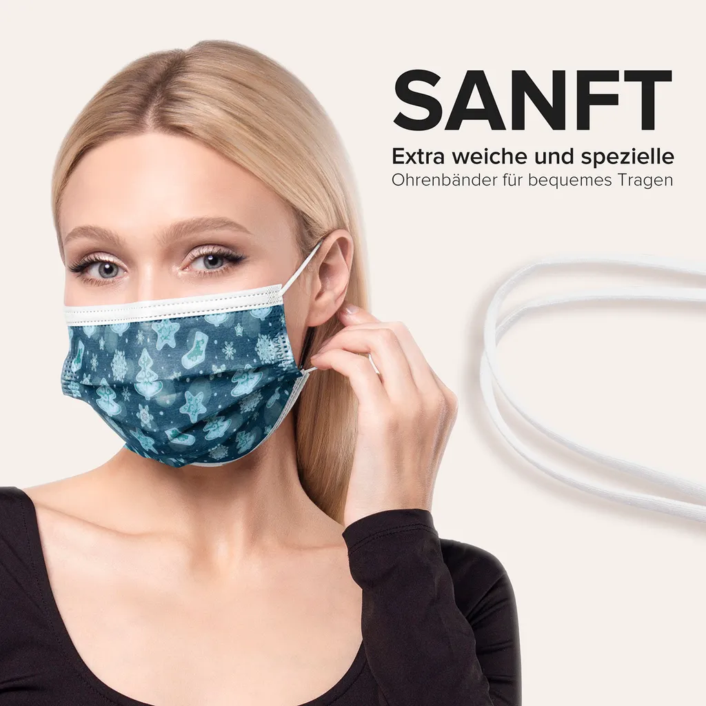 HARD 50x Medizinische Masken, Germany, TYP IIR - OP Maske, Höchste Qualität, , Leichtes Atmen - Standardgröße - Christmas Blue 7 HARD 50x Medizinische Masken, Germany, TYP IIR - OP Maske, Höchste Qualität, , Leichtes Atmen - Standardgröße - Christmas Blue – Bild 5