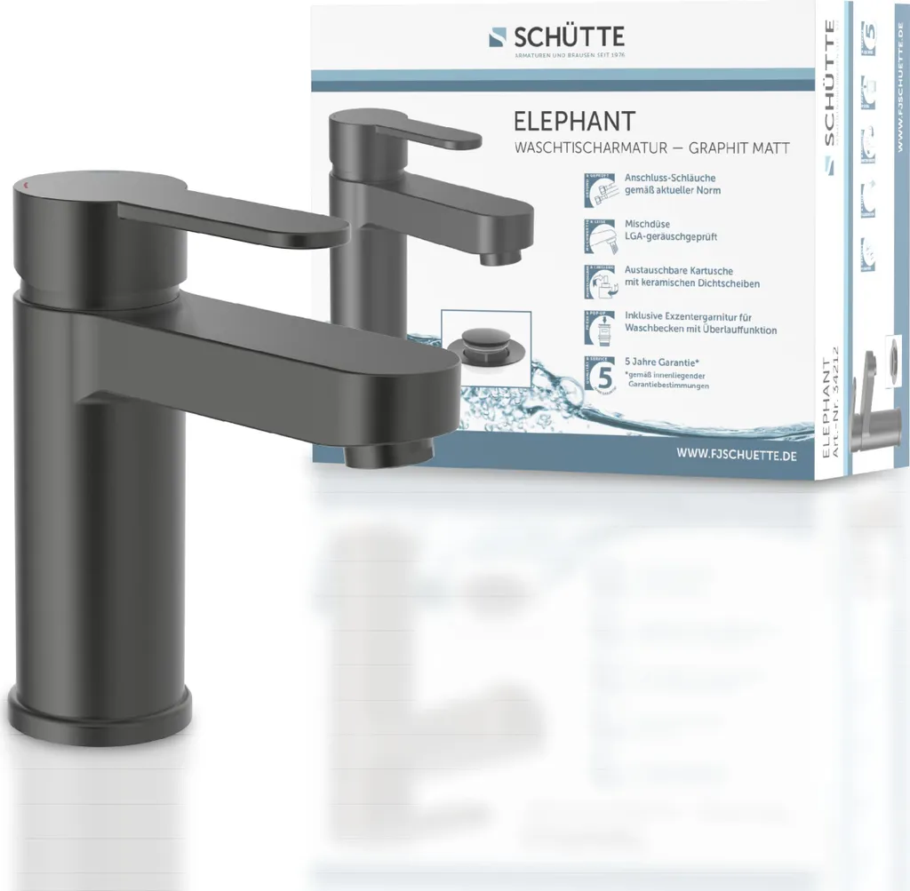 SCHÜTTE Waschtischarmatur ELEPHANT Mit Ablaufgarnitur, Wasserhahn Bad Mit Pop Up, Graphit Matt 3 SCHÜTTE Waschtischarmatur ELEPHANT Mit Ablaufgarnitur, Wasserhahn Bad Mit Pop Up, Graphit Matt