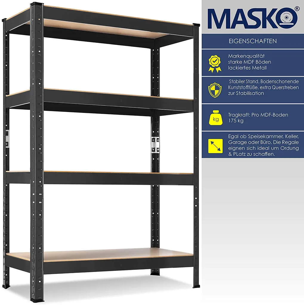 MASKO® 2er-Set Lagerregal Schwerlastregal, Kellerregal , Bis 875 Kg Belastbar, 5 Verstellbare Ablagen, MDF-Platten Regal Aus Metall, Steckregal, Werkstattregal, Keller, Garage, Farbe:2x Schwarz 700kg, Größe:2x 160x80x40cm 4-Böden 5 MASKO® 2er-Set Lagerregal Schwerlastregal, Kellerregal , Bis 875 Kg Belastbar, 5 Verstellbare Ablagen, MDF-Platten Regal Aus Metall, Steckregal, Werkstattregal, Keller, Garage, Farbe:2x Schwarz 700kg, Größe:2x 160x80x40cm 4-Böden – Bild 3