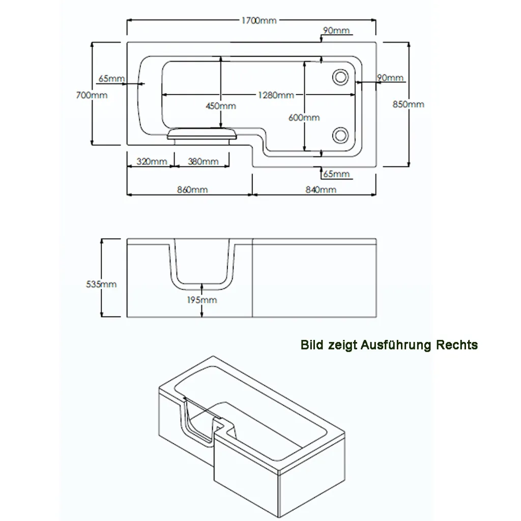 Solarna 170 X 85/70 X 53 Cm Badewanne Mit Tür/Seniorenbadewanne, Links 6 Solarna 170 X 85/70 X 53 Cm Badewanne Mit Tür/Seniorenbadewanne, Links – Bild 4