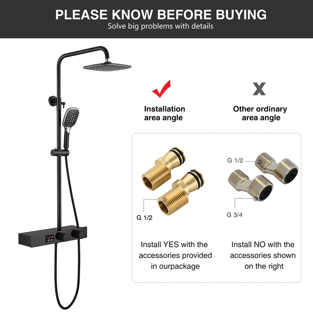 Duschsystem Mit LED Temperatur-Anzeige, Schwarz Duscharmatur Regendusche, Duschsäule Mit Regal, 3 Funktionen Duschset, Überkopfbrause, Edelstahl Verstellbarer Duschstange Für Badezimmer Dusche 6 Duschsystem Mit LED Temperatur-Anzeige, Schwarz Duscharmatur Regendusche, Duschsäule Mit Regal, 3 Funktionen Duschset, Überkopfbrause, Edelstahl Verstellbarer Duschstange Für Badezimmer Dusche – Bild 4