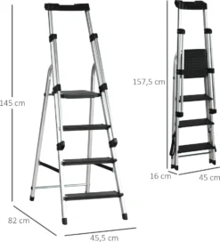 DURHAND Klapptritt Stehleiter Mit 4 Stufen Rutschfest Rostfrei Leiter Gerüstbock Mit Werkzeugablage Handlauf Bis 150 Kg Belastbar Inkl. Anti-Rutsch-Füße Alu 45,5 X 82 X 145 Cm -Vidailo Verkaufe c8595be2b4a3510c8bf6c96464193534
