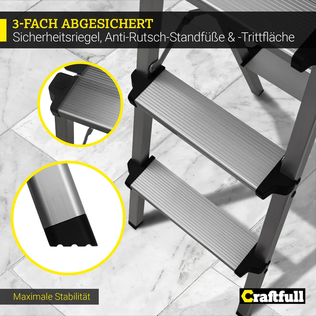 Craftfull Doppel-Klapptritt CF-131A, Aluminium-Trittleiter Klappbar (2 X 3 Stufen) 8 Craftfull Doppel-Klapptritt CF-131A, Aluminium-Trittleiter Klappbar (2 X 3 Stufen) – Bild 6