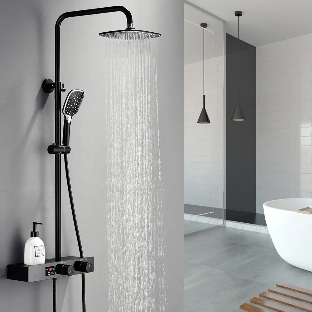 Duschsystem Mit LED Temperatur-Anzeige, Schwarz Duscharmatur Regendusche, Duschsäule Mit Regal, 3 Funktionen Duschset, Überkopfbrause, Edelstahl Verstellbarer Duschstange Für Badezimmer Dusche 3 Duschsystem Mit LED Temperatur-Anzeige, Schwarz Duscharmatur Regendusche, Duschsäule Mit Regal, 3 Funktionen Duschset, Überkopfbrause, Edelstahl Verstellbarer Duschstange Für Badezimmer Dusche