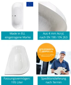 Calmwaters® Rechteck-Badewanne 180x80 Cm, Acrylwanne Honest, Duo-Badewanne Für Zwei Personen, Maße 180 X 80 Cm, Rechteckwanne Abgerundet, Duowanne In Weiß, 02SL2973 -Vidailo Verkaufe cf64cfff960d8f9cb3a6a462badcc40d