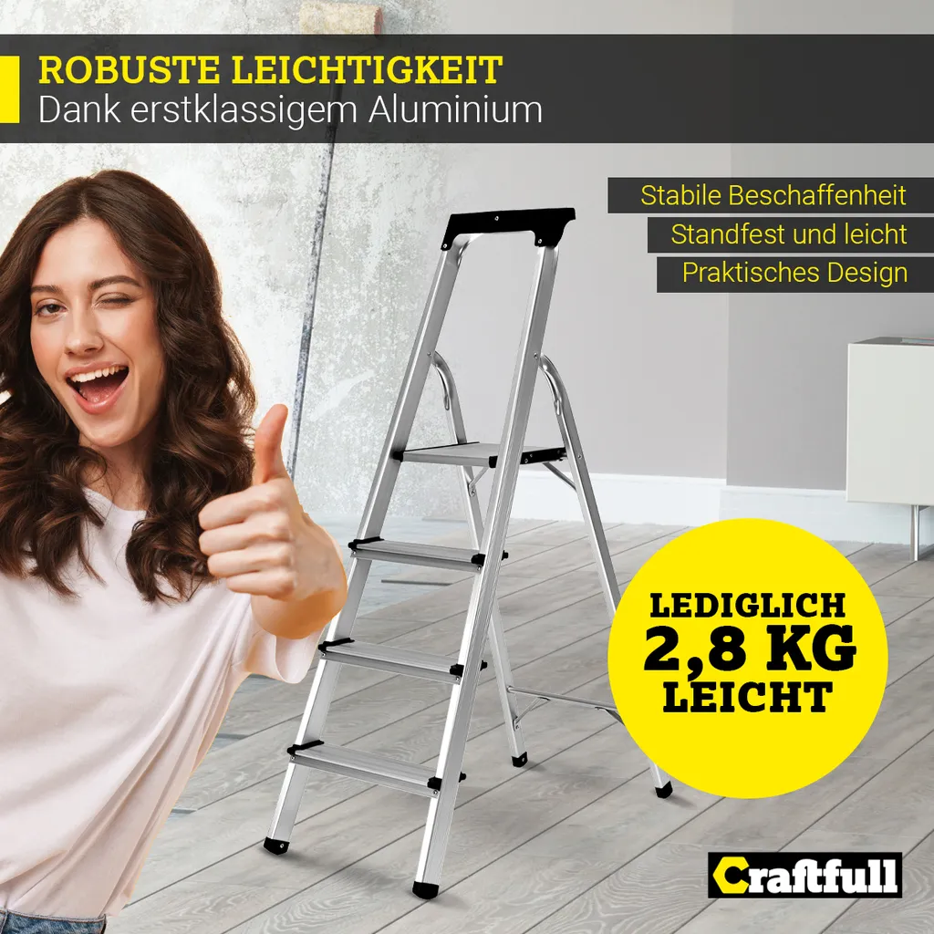 Craftfull Stehleiter CF-133B, Aluminium-Haushaltsleiter, Ablagefläche, Gummi-Standfüße, 3-6 Stufen (4 Stufen) 4 Craftfull Stehleiter CF-133B, Aluminium-Haushaltsleiter, Ablagefläche, Gummi-Standfüße, 3-6 Stufen (4 Stufen) – Bild 2