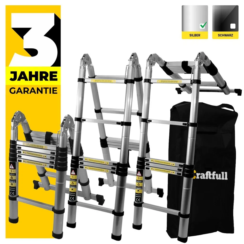 Craftfull Klapp-Teleskopleiter CF-102A - Aluminium - Klappleiter Und Anlegeleiter - Inkl. Tragetasche - Stehleiter - Mehrzweckleiter - 2 X 2.8 Meter (Total 5.6 M) 3 Craftfull Klapp-Teleskopleiter CF-102A - Aluminium - Klappleiter Und Anlegeleiter - Inkl. Tragetasche - Stehleiter - Mehrzweckleiter - 2 X 2.8 Meter (Total 5.6 M)