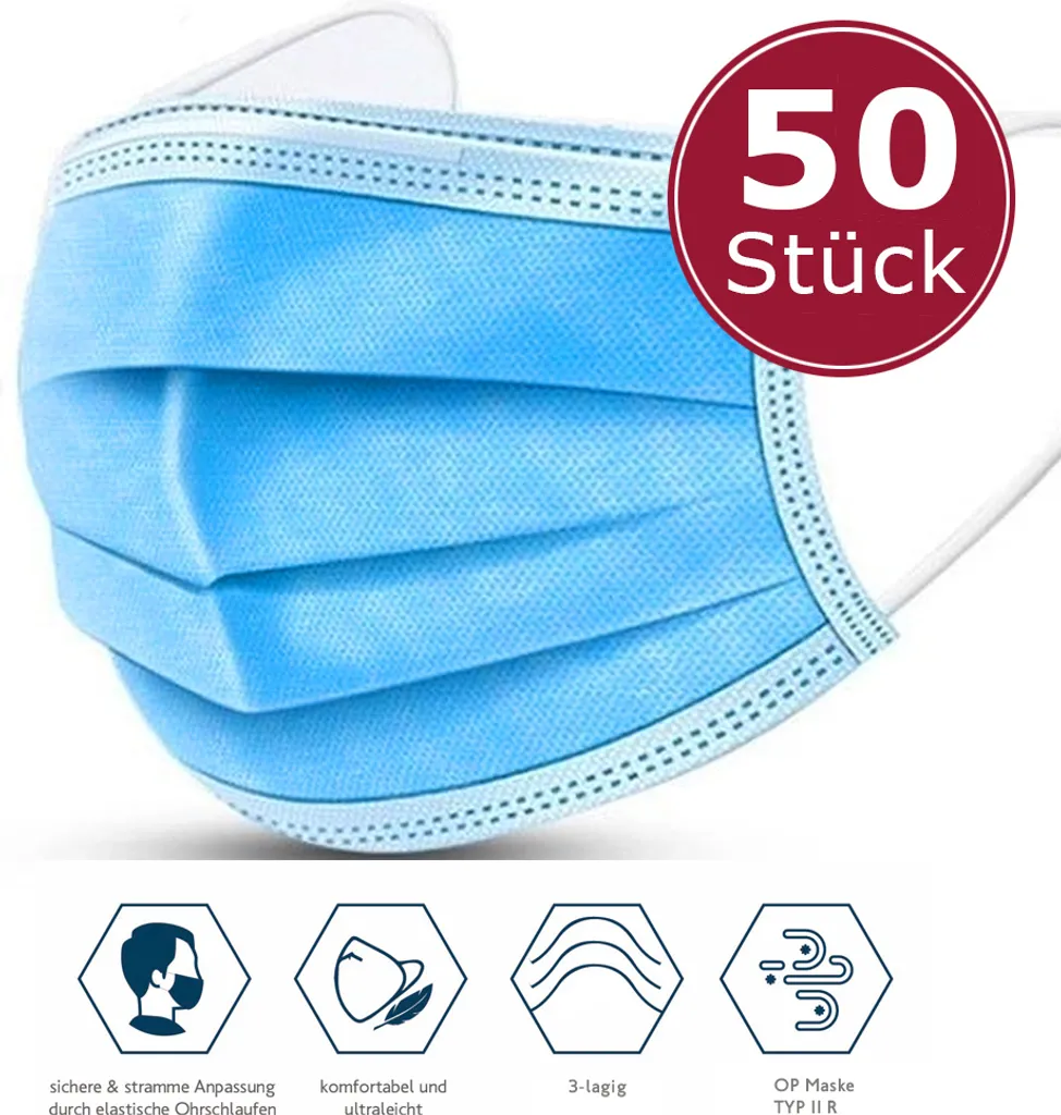 50x Masken Medizinischer Mundschutz Typ IIR OP Maske Chirurgische Atemschutzmaske 3 50x Masken Medizinischer Mundschutz Typ IIR OP Maske Chirurgische Atemschutzmaske