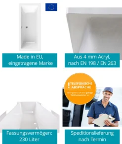 Calmwaters® Badewanne Komplettset 180x80 Cm Mit Wannenträger & Ablaufgarnitur, Duobadewanne Für 2, Set Acryl-Badewanne Rechteckig, Modern Select Rechteck Badewanne 180 X 80 Cm, Weiß, 99000158 -Vidailo Verkaufe d83a2436a9439eb18658b03f39926979