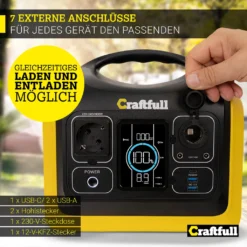 Craftfull Powerstation Adventure CP-600 Schwarz/Gelb, 595 Wh, 600 Watt, Tragbar, Lithium-Akku, Steckdose, USB -Vidailo Verkaufe defbba89e8da7131151351127ba47f77
