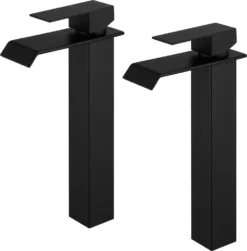 2x Badarmatur Schwarz Waschbecken Armatur Wasserfall Mischbatterie Waschtischarmatur Einhandmischer Schwarzer Wasserhahn Für Badzimmer Hoch