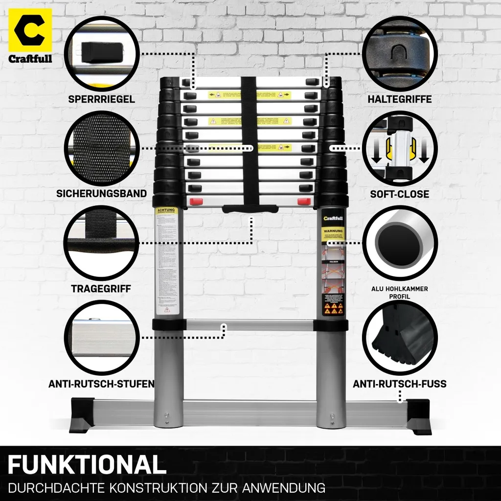 Craftfull Teleskopleiter CF-101B - Soft-Close-Funktion - Ausziehleiter Aus Aluminium (4.4 Meter) 4 Craftfull Teleskopleiter CF-101B - Soft-Close-Funktion - Ausziehleiter Aus Aluminium (4.4 Meter) – Bild 2