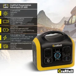 Craftfull Powerstation Adventure CP-600 Schwarz/Gelb, 595 Wh, 600 Watt, Tragbar, Lithium-Akku, Steckdose, USB -Vidailo Verkaufe e474863151cceddf478993ca2de9c224