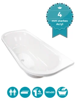 Calmwaters® Rechteck-Badewanne 180x80 Cm, Acrylwanne Honest, Duo-Badewanne Für Zwei Personen, Maße 180 X 80 Cm, Rechteckwanne Abgerundet, Duowanne In Weiß, 02SL2973