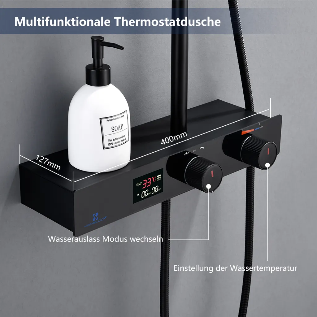 Duschsystem Mit LED Temperatur-Anzeige, Schwarz Duscharmatur Regendusche, Duschsäule Mit Regal, 3 Funktionen Duschset, Überkopfbrause, Edelstahl Verstellbarer Duschstange Für Badezimmer Dusche 4 Duschsystem Mit LED Temperatur-Anzeige, Schwarz Duscharmatur Regendusche, Duschsäule Mit Regal, 3 Funktionen Duschset, Überkopfbrause, Edelstahl Verstellbarer Duschstange Für Badezimmer Dusche – Bild 2