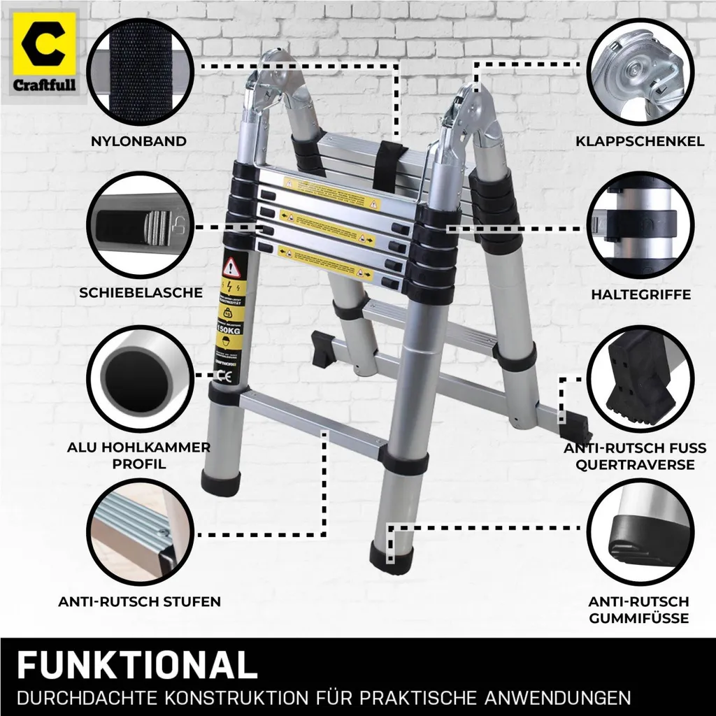 Craftfull Klapp-Teleskopleiter CF-102A - Aluminium - Klappleiter Und Anlegeleiter - Inkl. Tragetasche - Stehleiter - Mehrzweckleiter - 2 X 2.8 Meter (Total 5.6 M) 4 Craftfull Klapp-Teleskopleiter CF-102A - Aluminium - Klappleiter Und Anlegeleiter - Inkl. Tragetasche - Stehleiter - Mehrzweckleiter - 2 X 2.8 Meter (Total 5.6 M) – Bild 2