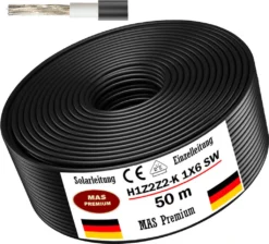 50m Solarleitung Solarkabel H1Z2Z2-K 6 Mm² Schwarz Photovoltaik Halogenfrei