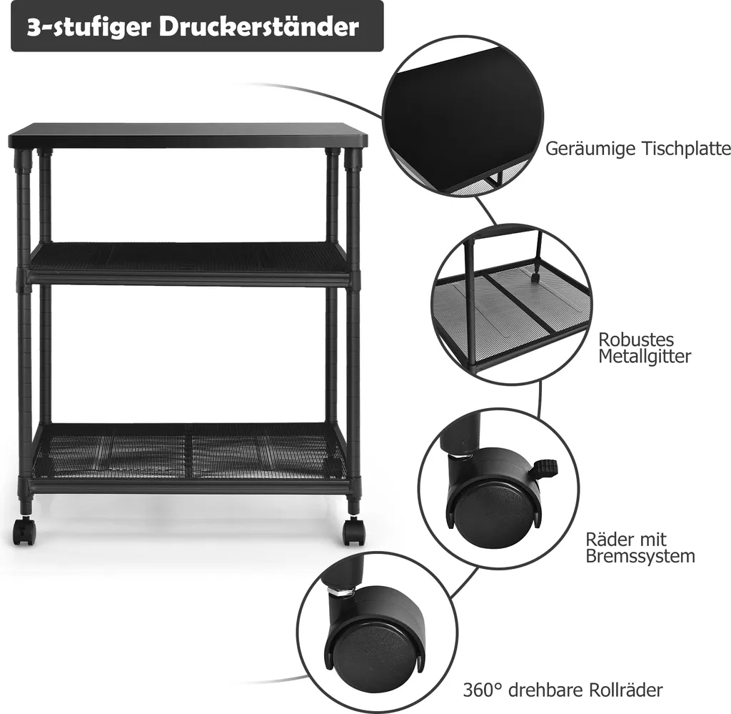 COSTWAY 3-stöckiger Druckerständer, Mutifunktionaler Druckerwagen Mit 360° Drehbare & Feststellbare Räder, Stabiler Eisenrahmen, Höhenverstellbares Druckerregal 6 COSTWAY 3-stöckiger Druckerständer, Mutifunktionaler Druckerwagen Mit 360° Drehbare & Feststellbare Räder, Stabiler Eisenrahmen, Höhenverstellbares Druckerregal – Bild 4