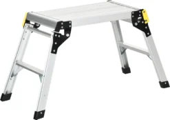 DURHAND Werkbank Klappstufen Klappbare Arbeitsplattform Rutschfester Werktisch Mit Sicherheitsriegel Bis 150 KG Aluminiumlegierung Stahl Silber 94 X 38,5 X 48cm