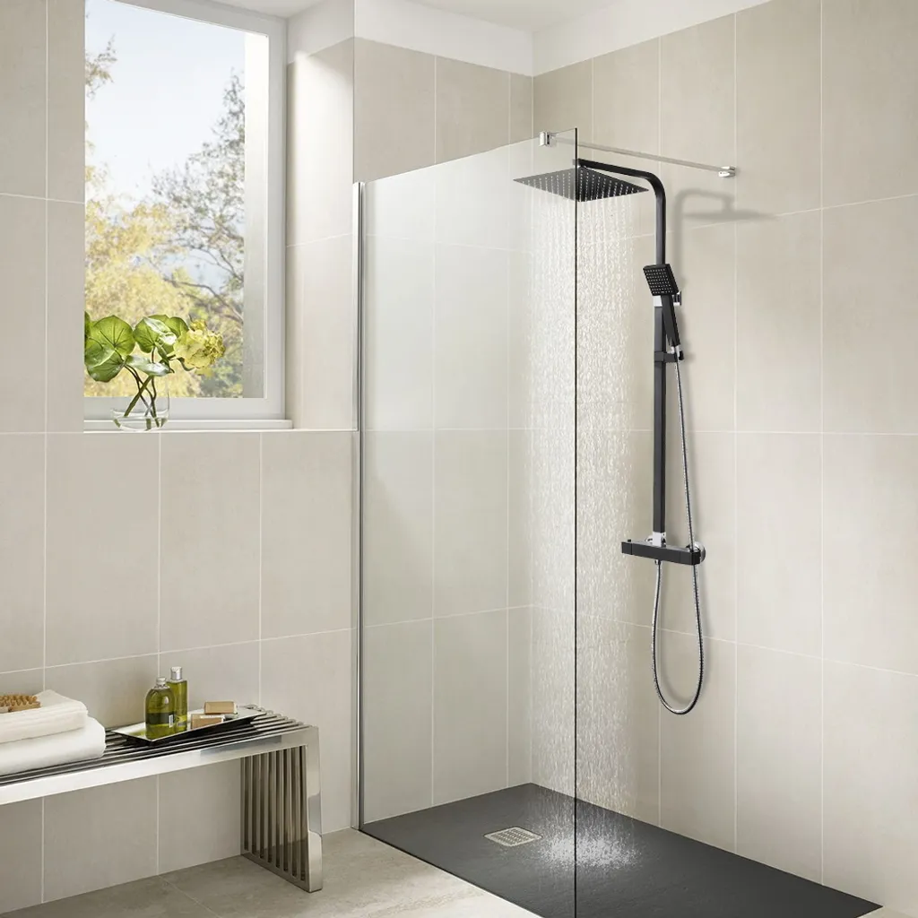 Auralum Duschsystem Mit Thermostat, Duschset Mit 10 Zoll Quadratischer Regendusche, Handbrause, Verstellbarer Duschstange, Schwarz 4 Auralum Duschsystem Mit Thermostat, Duschset Mit 10 Zoll Quadratischer Regendusche, Handbrause, Verstellbarer Duschstange, Schwarz – Bild 2