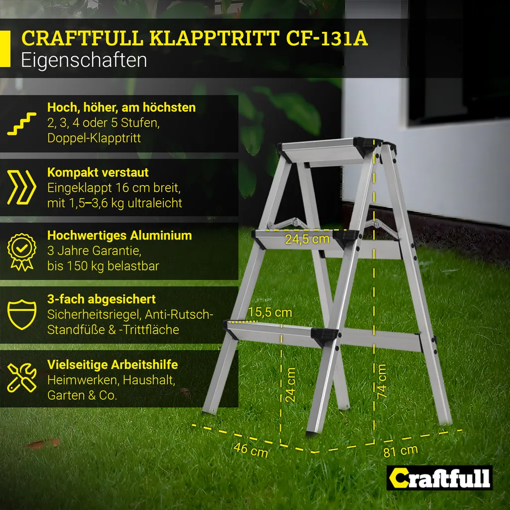 Craftfull Doppel-Klapptritt CF-131A, Aluminium-Trittleiter Klappbar (2 X 3 Stufen) 4 Craftfull Doppel-Klapptritt CF-131A, Aluminium-Trittleiter Klappbar (2 X 3 Stufen) – Bild 2