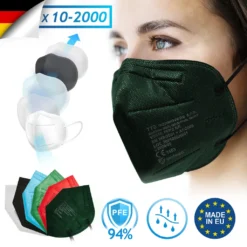 Virshields® FFP2 Mundschutz Maske - 20 Stück, PFE 94%, EN 149:2001+A1:2009, 5 Lagen, Filtrierend, EU, Dunkelgrün, Mit Ohrschlaufen - Halbmaske, Atemschutzmaske, Schutzmaske, Staubschutzmaske